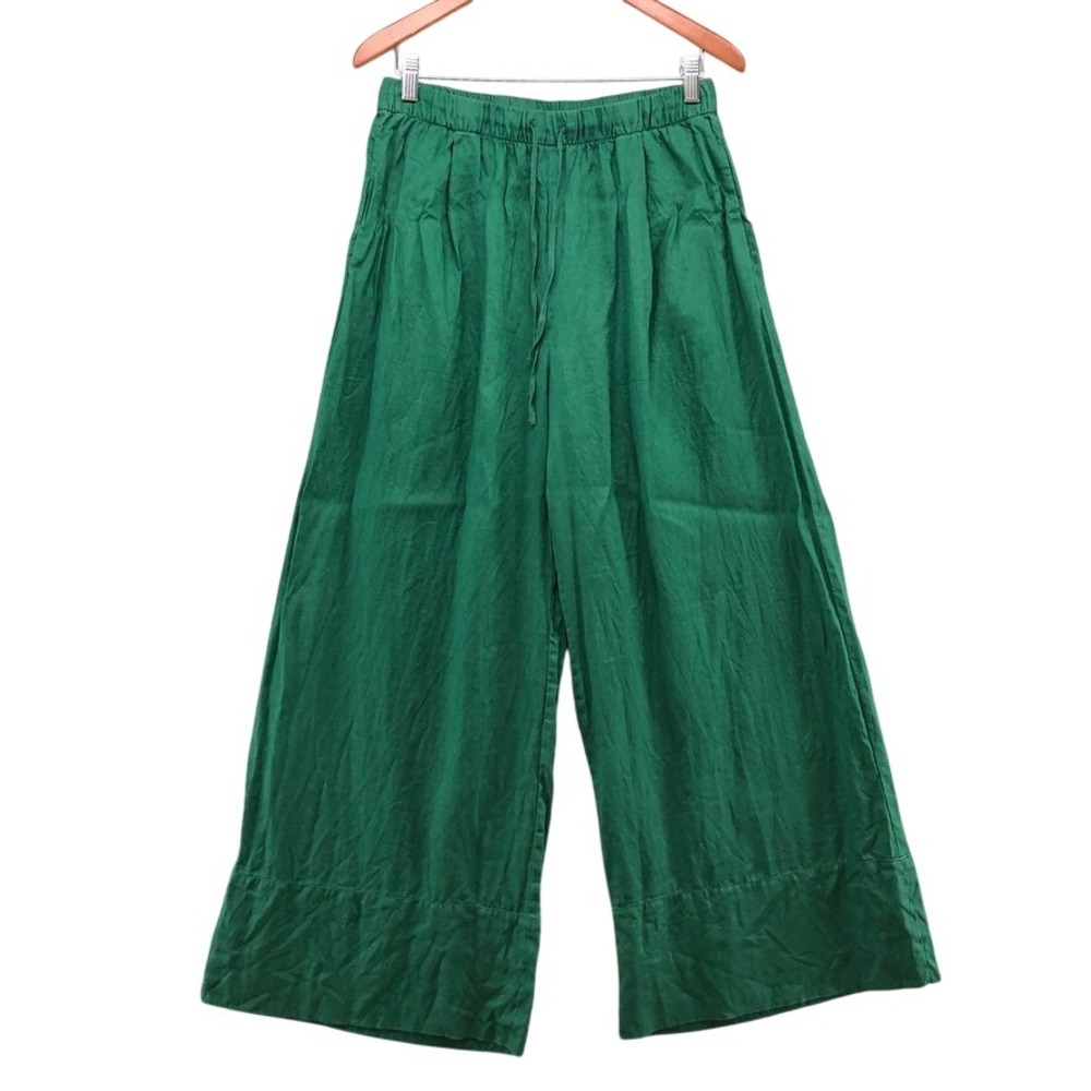 Zara Wide Leg Pants Womens Large Green Elastic Waist Linen Blend Drawstring